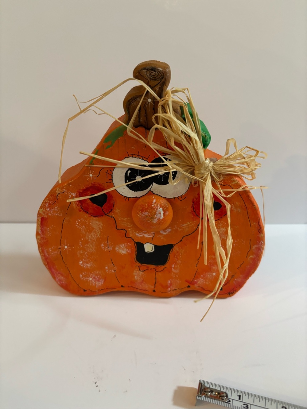 Vintage Wooden Hand-Painted Pumpkin Fall Decor with Raffia Bow